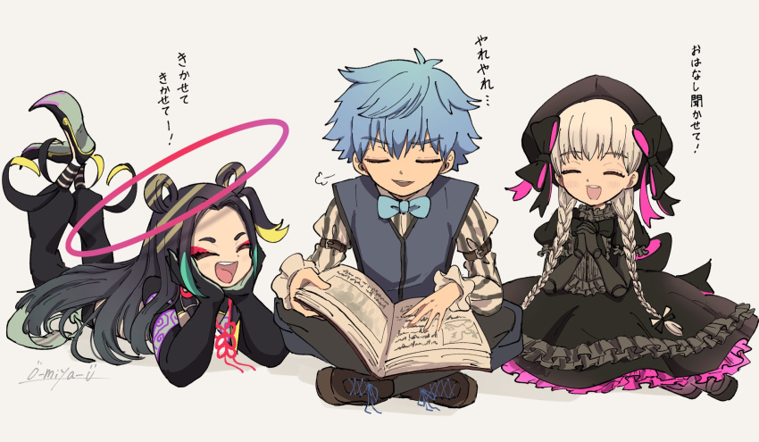 1girl, 2boys, beret, black_dress, black_hair, blue_hair, book, bow