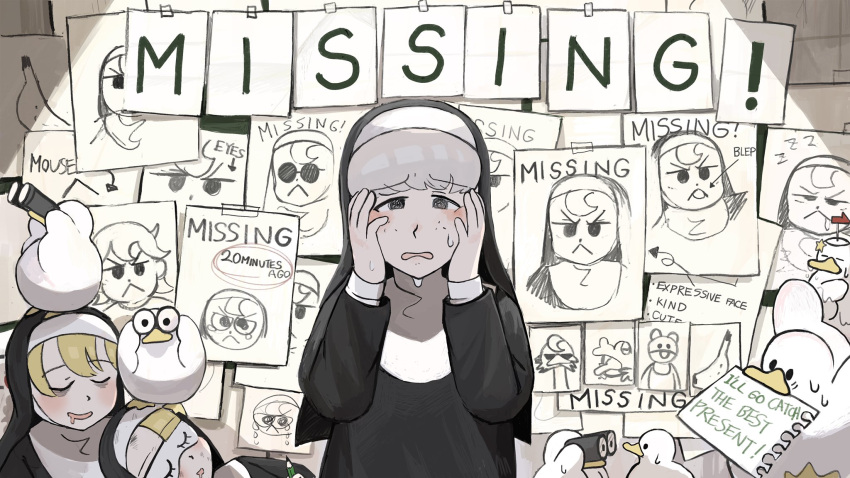 3girls, :<, animal_on_head, arrow_(symbol), bags_under_eyes, banana, banner, beak_hold