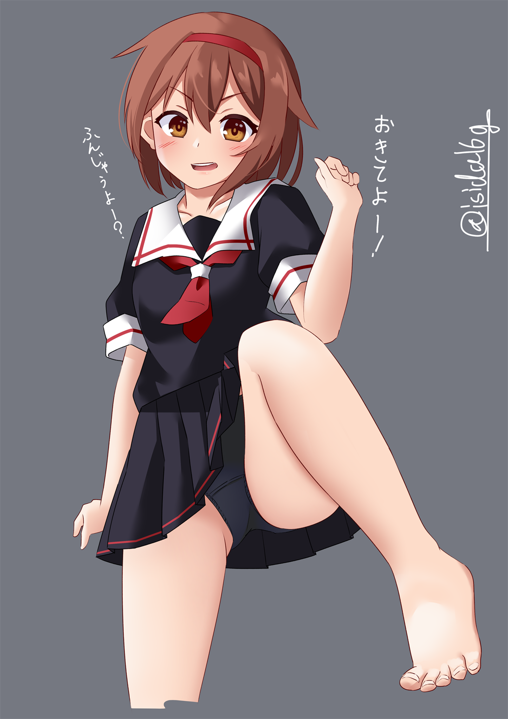1girl, barefoot, black_panties, black_sailor_collar, black_serafuku, black_shirt, black_skirt, brown_eyes