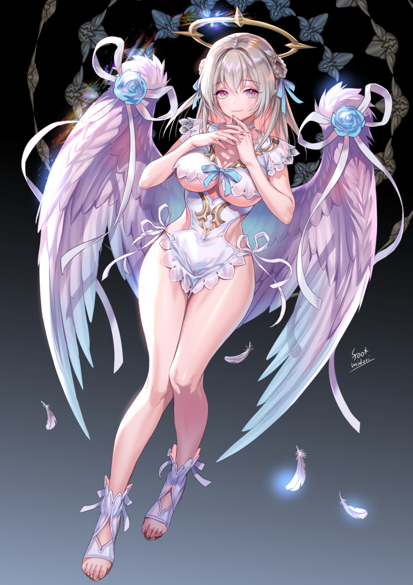 1girl, absurdres, angel, angel_wings, artist_name, banned_artist, bow, breasts