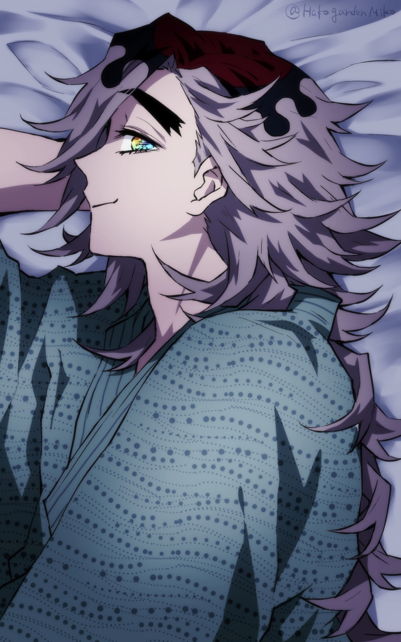 1boy, arm_pillow, bed_sheet, black_hair, closed_mouth, douma_(kimetsu_no_yaiba), flipped_hair, from_above