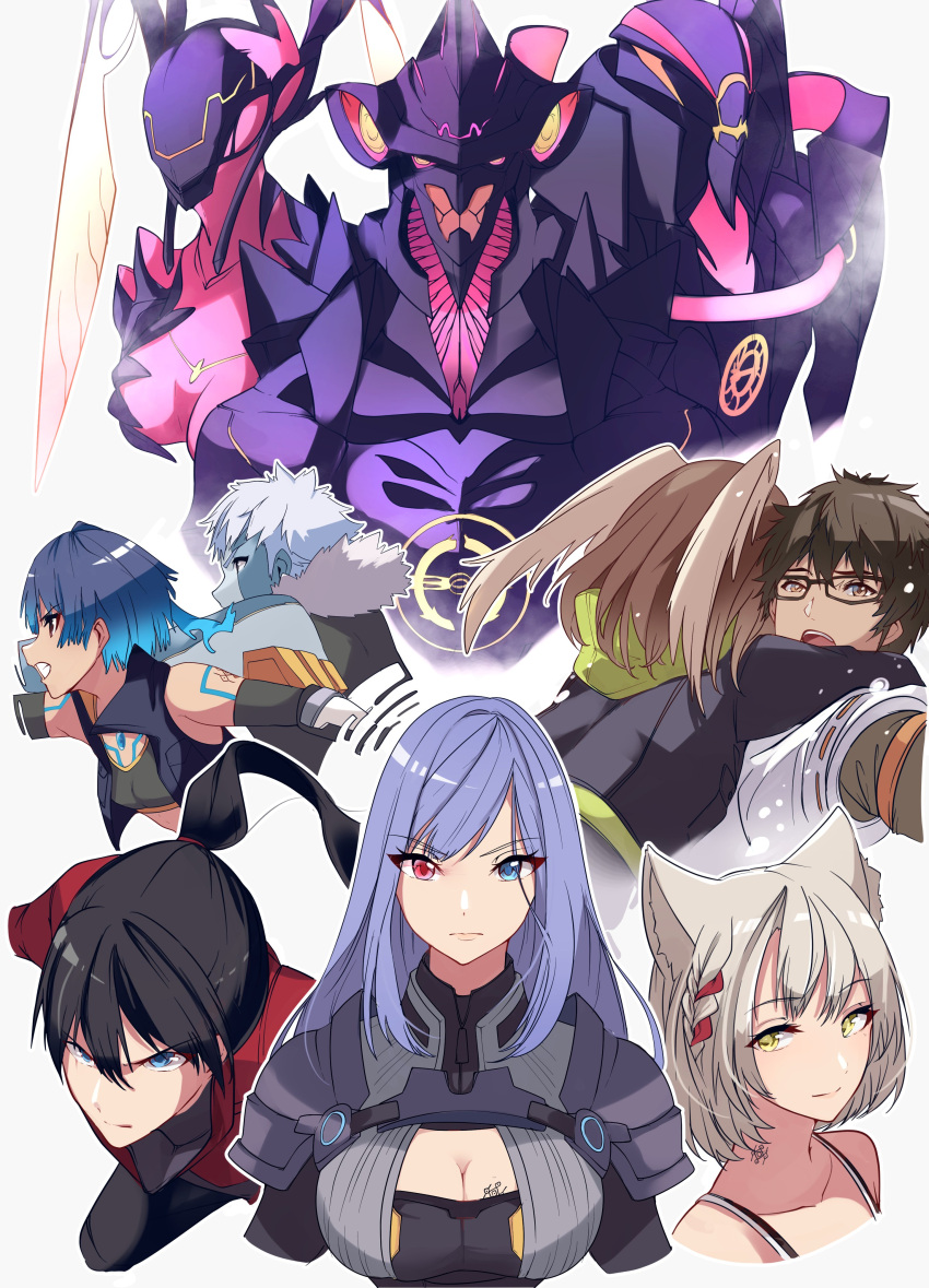 absurdres, animal_ears, bangs, black_bodysuit, black_choker, black_hair, black_jacket, blue_eyes