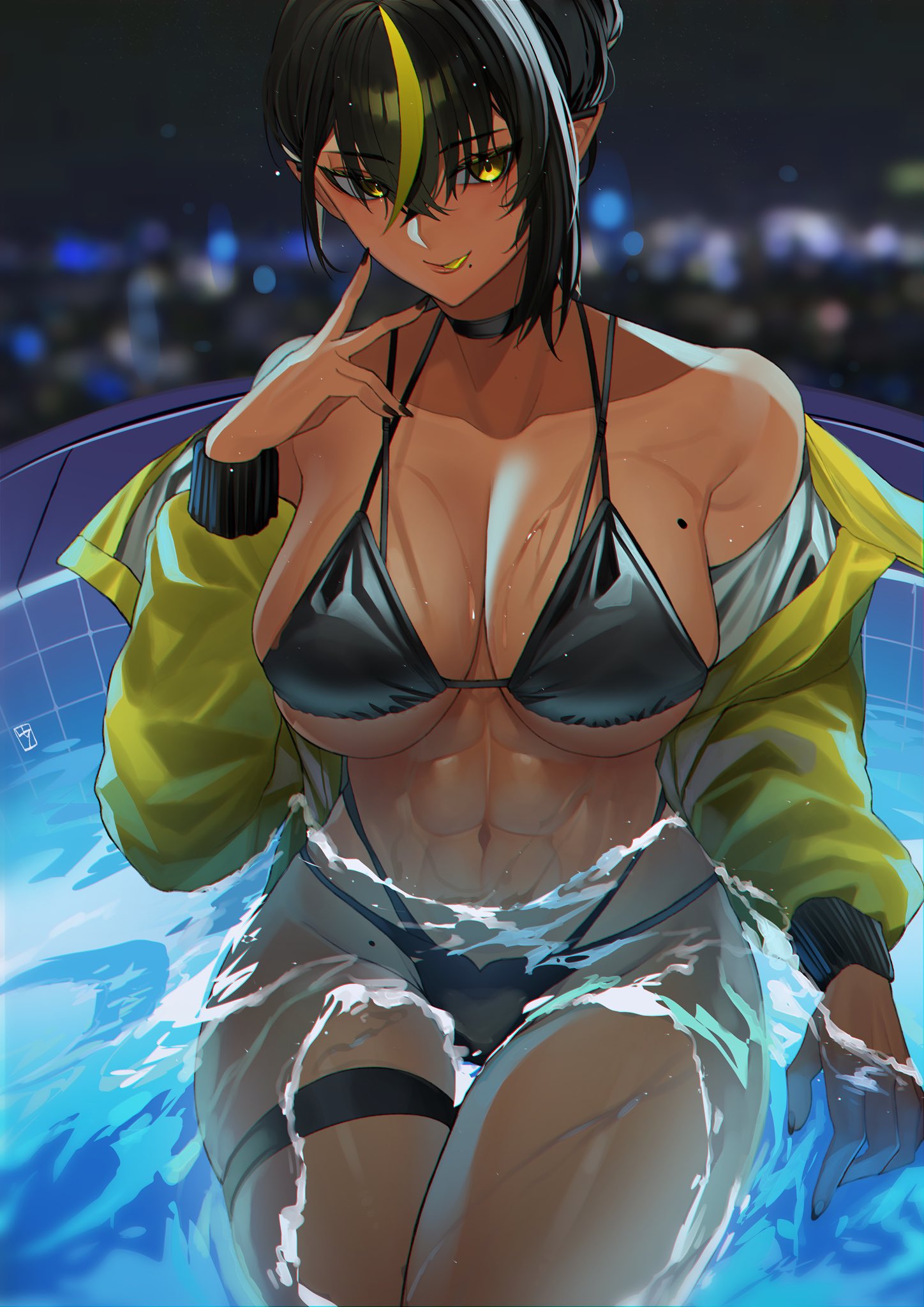 1girl, abs, absurdres, asymmetrical_hair, bangs, bare_shoulders, bikini, black_bikini