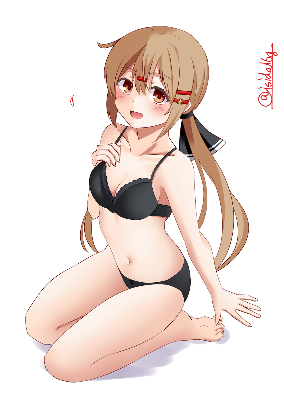 1girl, black_bow, black_bra, black_panties, blush, bow, bra, breasts