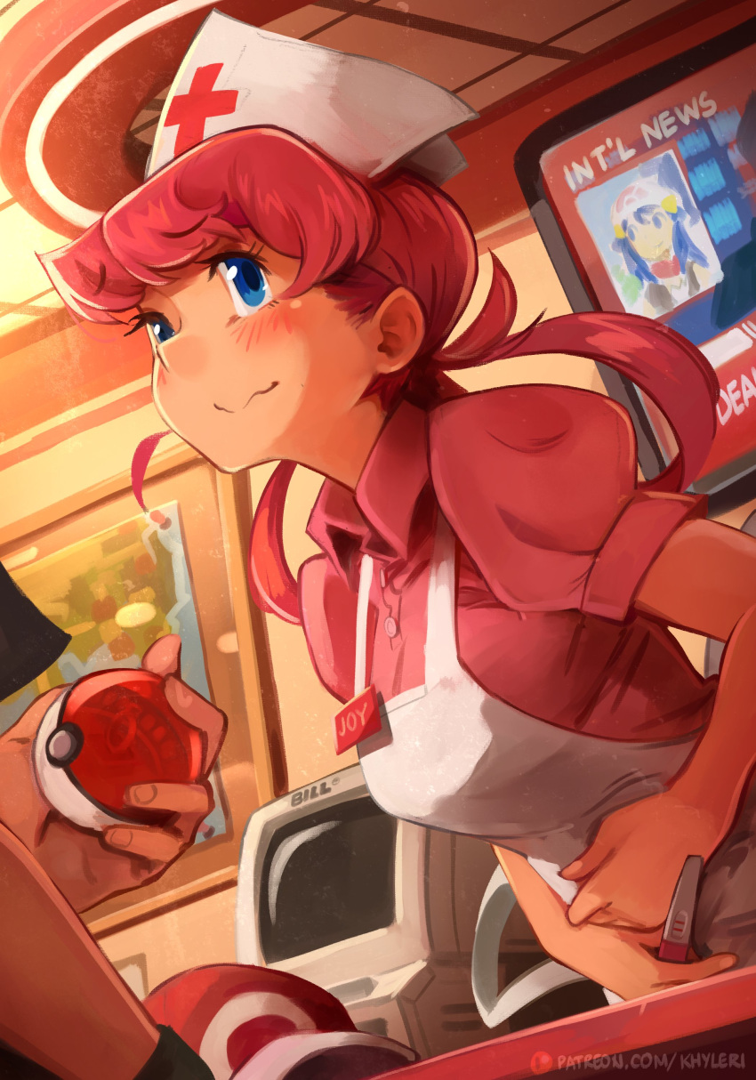 1boy, 1girl, absurdres, apron, baseball_cap, black_shirt, blue_eyes, blush, commentary, computer, counter, engagement_ring, english_commentary, english_text, eyebrows_visible_through_hair, gloves, hair_rings, hand_on_own_stomach, hat, hat_removed, headwear_removed, highres, hikari_(pokemon), indoors, jewelry, joy_(pokemon), khyle., long_hair, name_tag, nurse, nurse_cap, out_of_frame, patreon_username, pink_hair, pink_shirt, poke_ball, pokemon, pokemon_center, pregnancy_test, red_(pokemon), ring, shirt, short_sleeves, single_glove, television