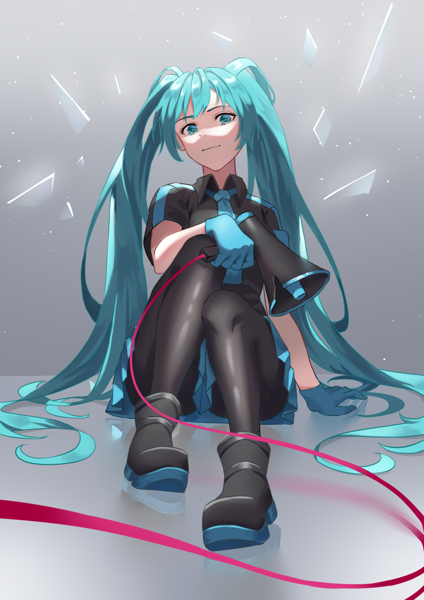 1girl, absurdres, aqua_eyes, bangs, black_footwear, black_legwear, black_shirt, blue_gloves
