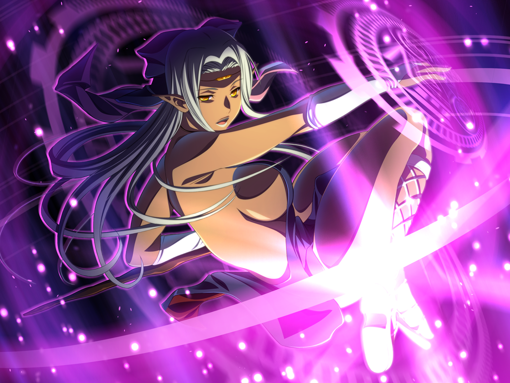 1girl, :d, breasts, bridal_gauntlets, circlet, dark-skinned_female, dark_elf, dark_skin, demonion_~maou_no_chika_yousai~, detached_sleeves, elf, floating_hair, full_body, game_cg, hair_intakes, holding, holding_staff, large_breasts, long_hair, m&amp;m, magic, magic_circle, neige_owleyes, pointy_ears, sideboob, silver_hair, silver_lips, smile, solo, staff, very_long_hair, white_sleeves, yellow_eyes