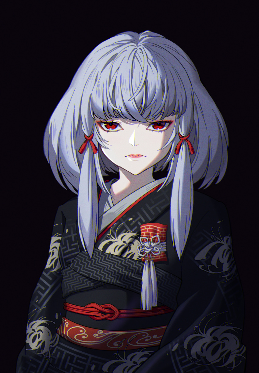 1girl, absurdres, albino, bangs, black_background, black_kimono, closed_mouth, eyeshadow, fatal_frame, fatal_frame_5, flat_chest, flower_knot, hair_ribbon, highres, japanese_clothes, kimono, lipstick, long_hair, looking_at_viewer, makeup, obi, obijime, pink_lips, print_kimono, red_eyes, ribbon, sash, shiragiku_(fatal_frame), sidelocks, solo, spider_lily_print, ssssolagu, tress_ribbon, upper_body, white_hair