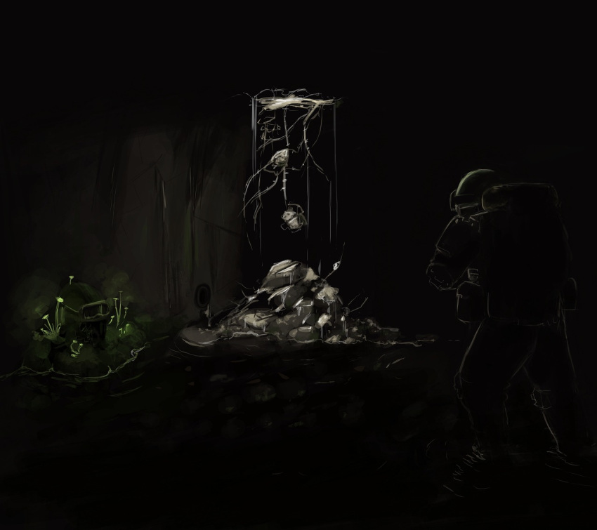 1boy, amacalva, backpack, bag, commentary, commentary_request, from_behind, full_body