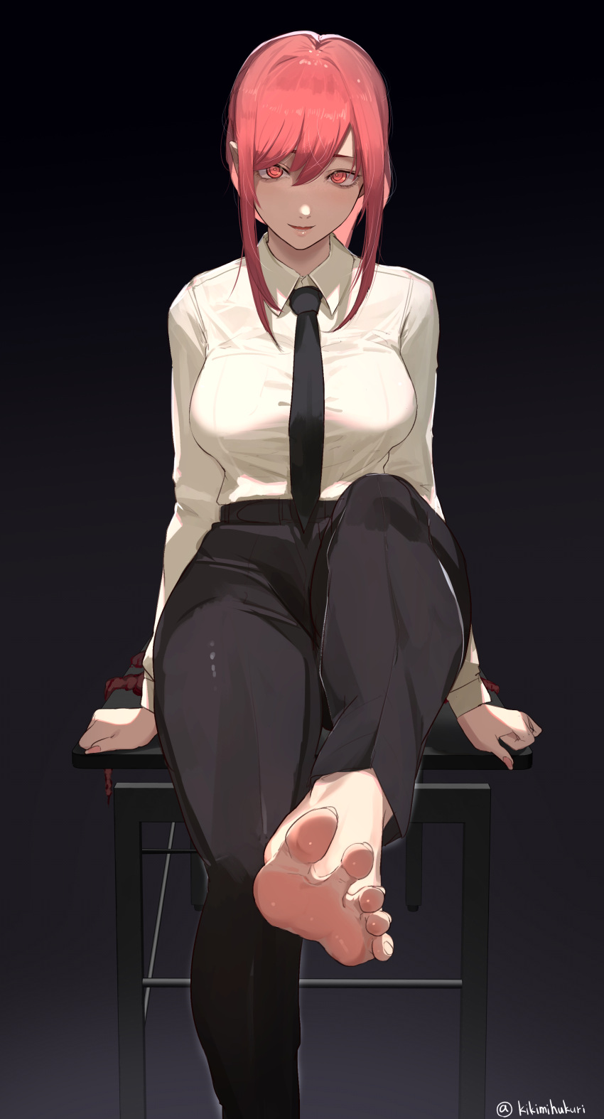 1girl, absurdres, barefoot, black_background, black_necktie, black_pants, blood, breasts
