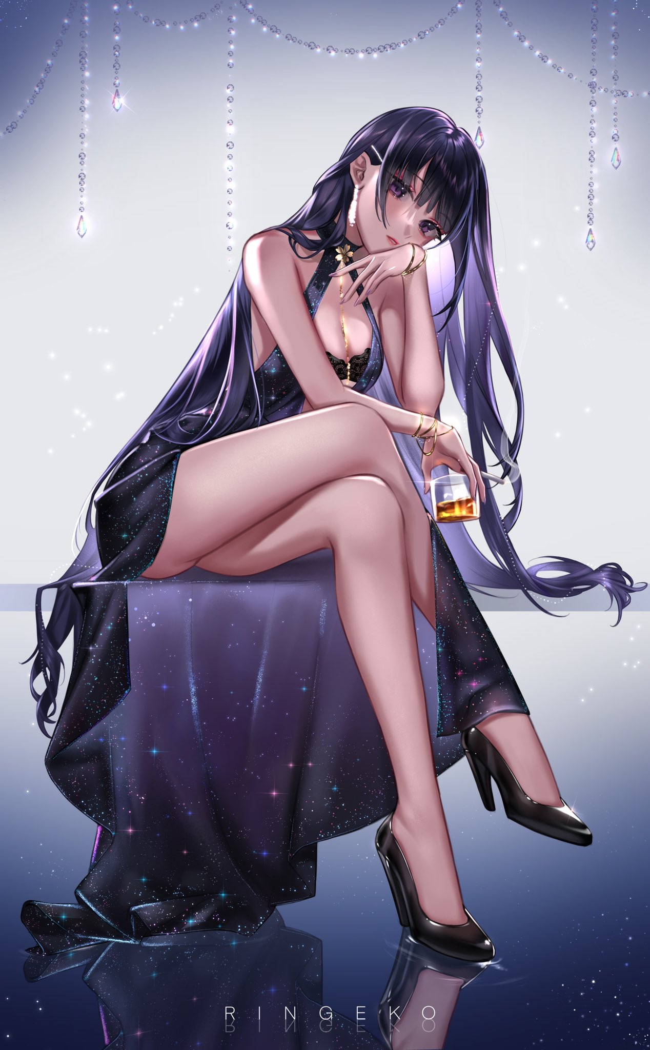 1girl, alcohol, artist_name, ass, bangs, bare_shoulders, bead_curtain, beads