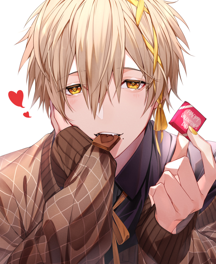 1boy, bangs, black_shirt, blonde_hair, blush, box, brown_sweater, chocolate