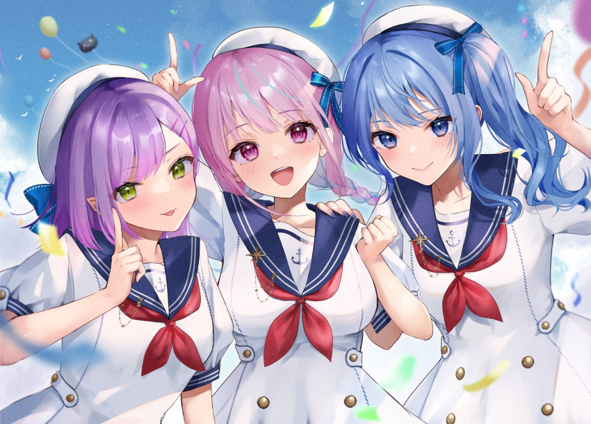 3girls, alternate_costume, balloon, bangs, blue_eyes, blue_hair, blush, bob_cut