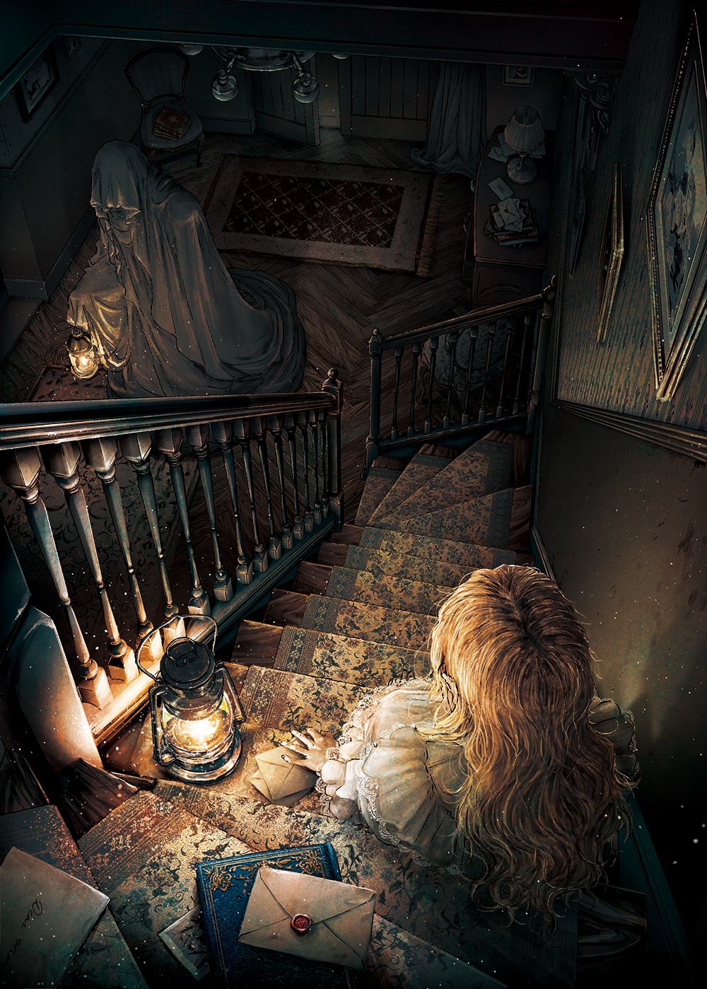 1girl, 1other, blonde_hair, book, carpet, chair, desk_lamp, dress