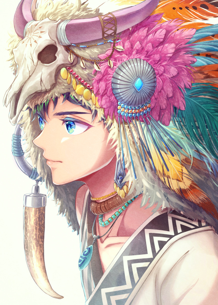 1boy, animal_skull, bangs, bead_necklace, beads, blue_eyes, closed_mouth, coin_hair_ornament, collarbone, downblouse, earrings, fang, feather_hair_ornament, feathers, fringe_trim, from_side, gem, green_hair, hair_ornament, headdress, highres, himori_yuhara, horn_ornament, horns, jewelry, lips, looking_away, male_focus, neck_ring, necklace, original, pelt, portrait, simple_background, smile, solo, v-neck, white_background
