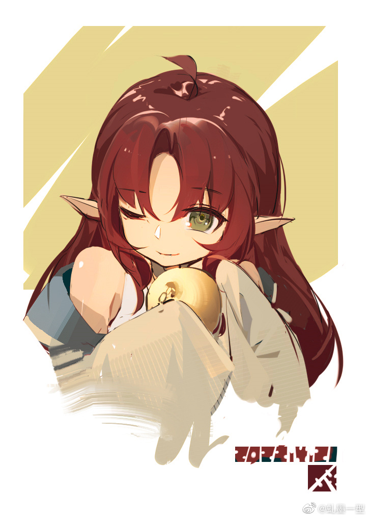 1girl, ;), ahoge, apple, arknights, artist_name, bangs, bare_shoulders, closed_mouth, cropped_torso, dated, eyebrows_visible_through_hair, food, fruit, green_eyes, holding, holding_food, holding_fruit, long_hair, long_sleeves, looking_at_viewer, myrtle_(arknights), one_eye_closed, parted_bangs, qiumoyixing, redhead, sleeves_folded_up, smile, solo, two-tone_background, upper_body, weibo_logo, weibo_username, white_background, yellow_background