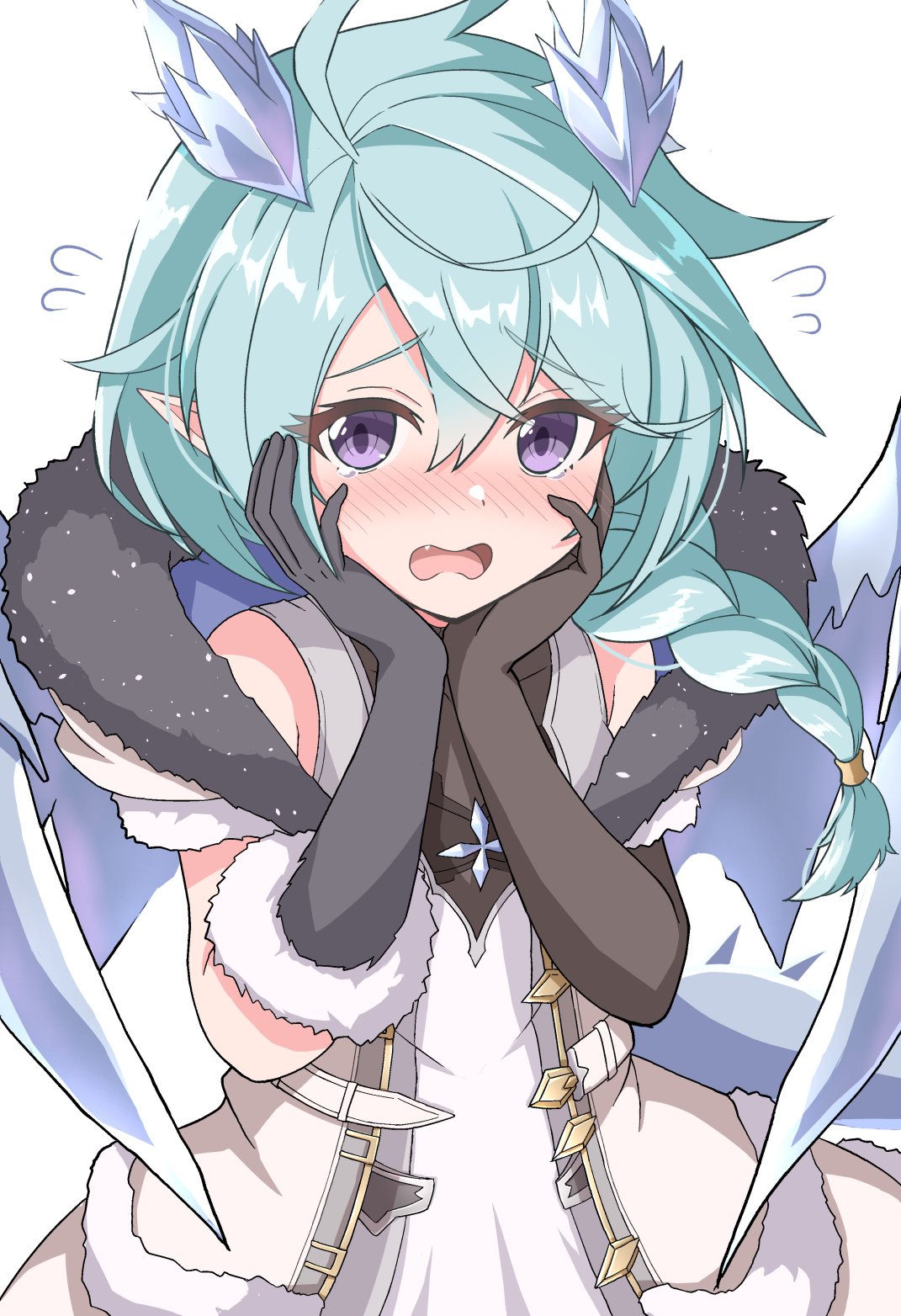 1girl, aqua_hair, asymmetrical_gloves, bangs, black_gloves, blush, braid, brown_gloves