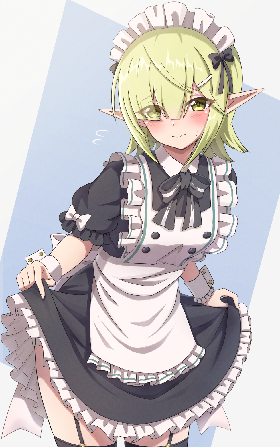 1girl, aoi_(princess_connect!), apron, bangs, black_dress, closed_mouth, cowboy_shot, dress
