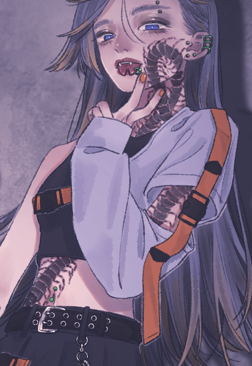 1girl, alternate_costume, belt, black_belt, black_tank_top, blue_eyes, blue_hair, breasts