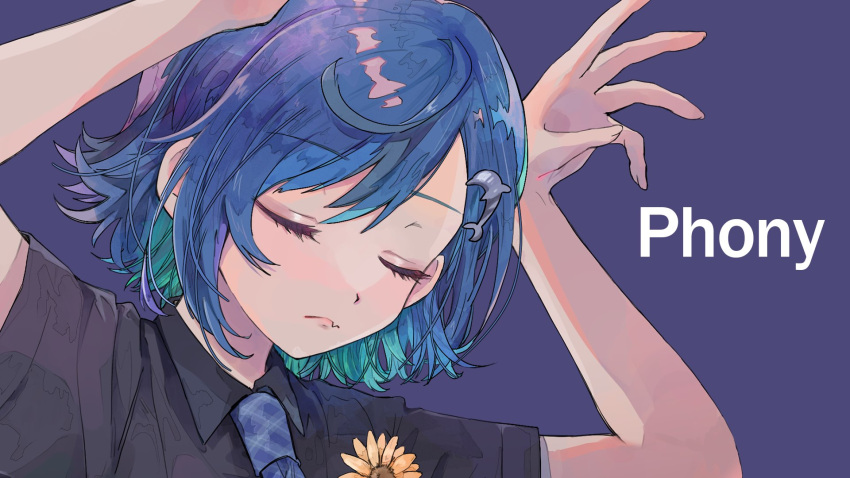 1girl, 3968, bangs, blue_hair, blue_necktie, bunny_pose, closed_eyes, collared_shirt, dolphin_hair_ornament, eyebrows_visible_through_hair, fang, fang_out, flower, hair_behind_ear, highres, necktie, nijisanji, nishizono_chigusa, phony_(cevio), purple_background, second-party_source, shirt, short_hair, skin_fang, solo, song_name, sunflower, virtual_youtuber, yellow_flower