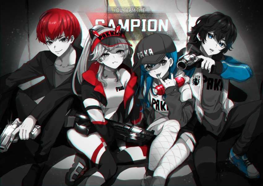 2boys, 2girls, \m/, apex_legends, axia_krone, b3_wingman, blue_hair, blue_nails