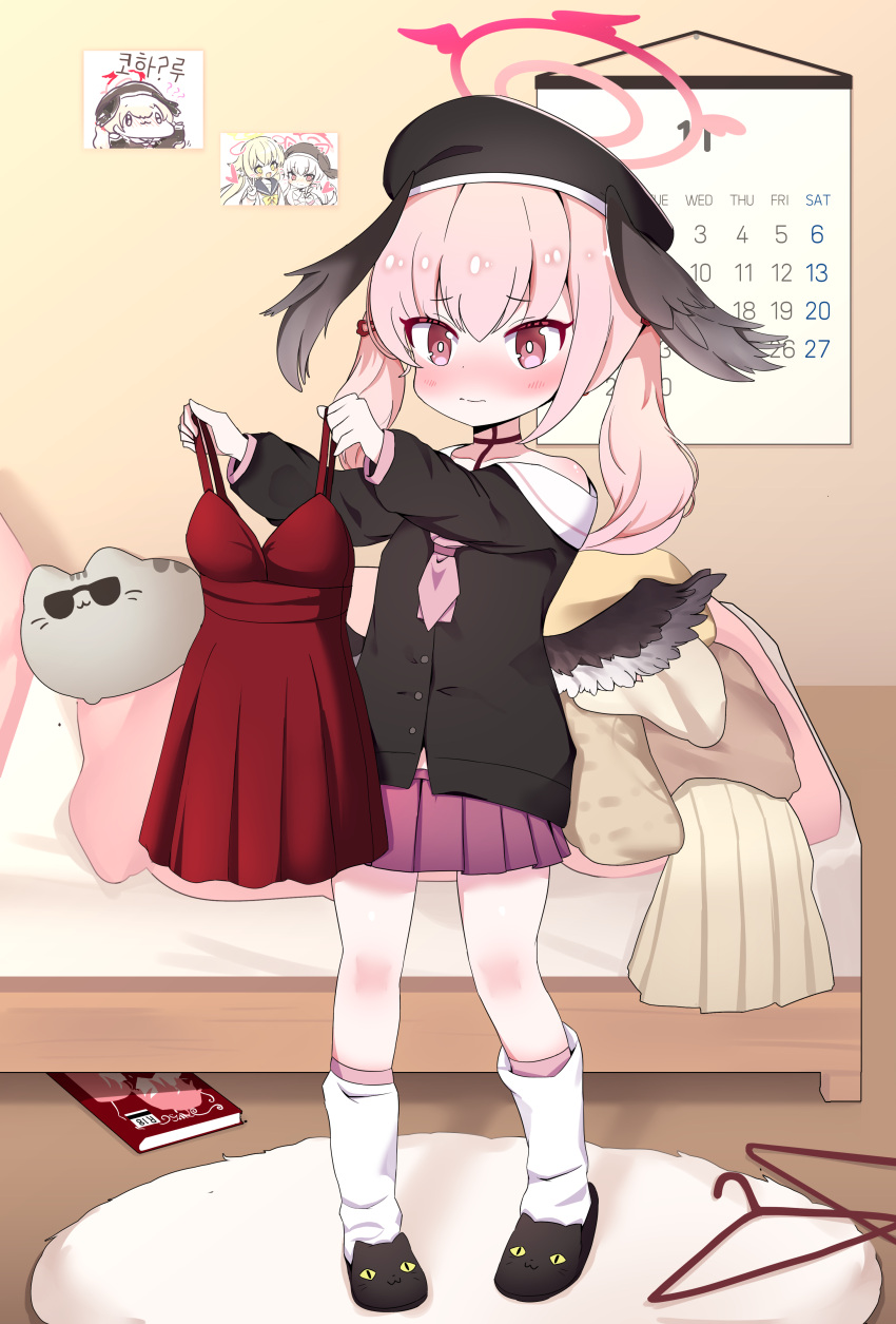 1girl, absurdres, bangs, bed, bed_sheet, black_wings, blue_archive, blush, calendar_(object), cameo, choker, clothes_hanger, commentary_request, dress, eyebrows_visible_through_hair, feathered_wings, full_body, hair_between_eyes, halo, hat, head_wings, hifumi_(blue_archive), highres, holding, holding_clothes, holding_dress, kneehighs, koharu_(blue_archive), long_hair, long_sleeves, looking_away, manga_(object), moongzzi_s2, photo_(object), picture_(object), pleated_skirt, red_dress, school_uniform, serafuku, sidelocks, skirt, solo, standing, stuffed_animal, stuffed_cat, stuffed_toy, translation_request, twintails, white_legwear, wings