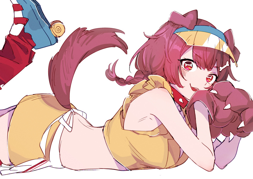 1girl, absurdres, aneco_(westsea1227), animal_ears, animal_hands, bangs, bare_arms, blush, bone-shaped_pupils, braid, brown_hair, crop_top, dog_ears, dog_girl, dog_tail, eyebrows_visible_through_hair, feet_up, from_side, gloves, highres, hololive, inugami_korone, looking_at_viewer, miniskirt, open_mouth, paw_gloves, red_eyes, roller_skates, shirt, simple_background, skates, skirt, sleeveless, sleeveless_shirt, solo, symbol-shaped_pupils, tail, tail_through_clothes, virtual_youtuber, white_background, yellow_shirt, yellow_skirt