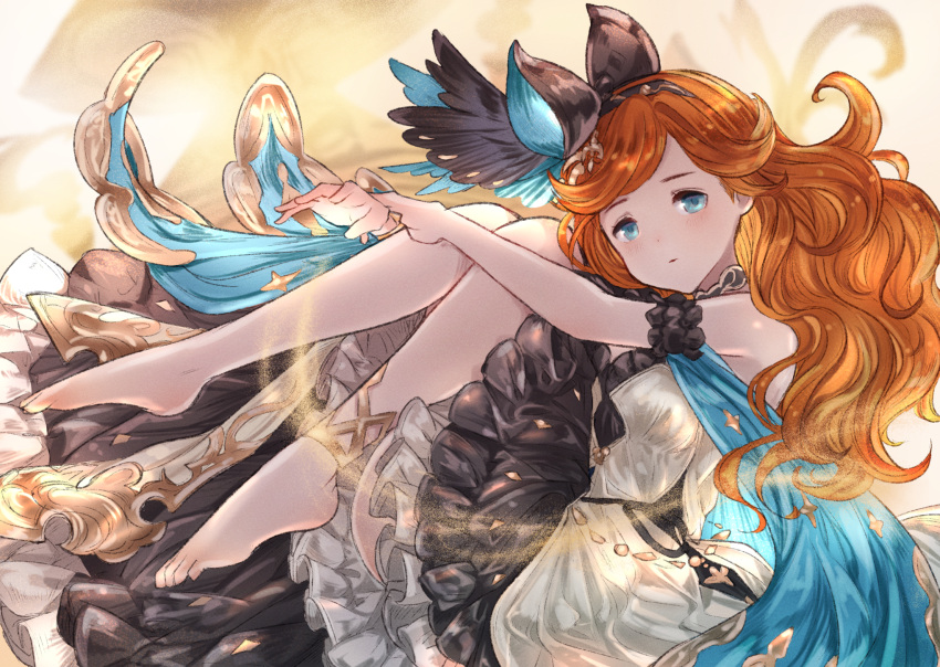 1girl, anklet, barefoot, blue_eyes, cloak, curled_up, curly_hair, dress