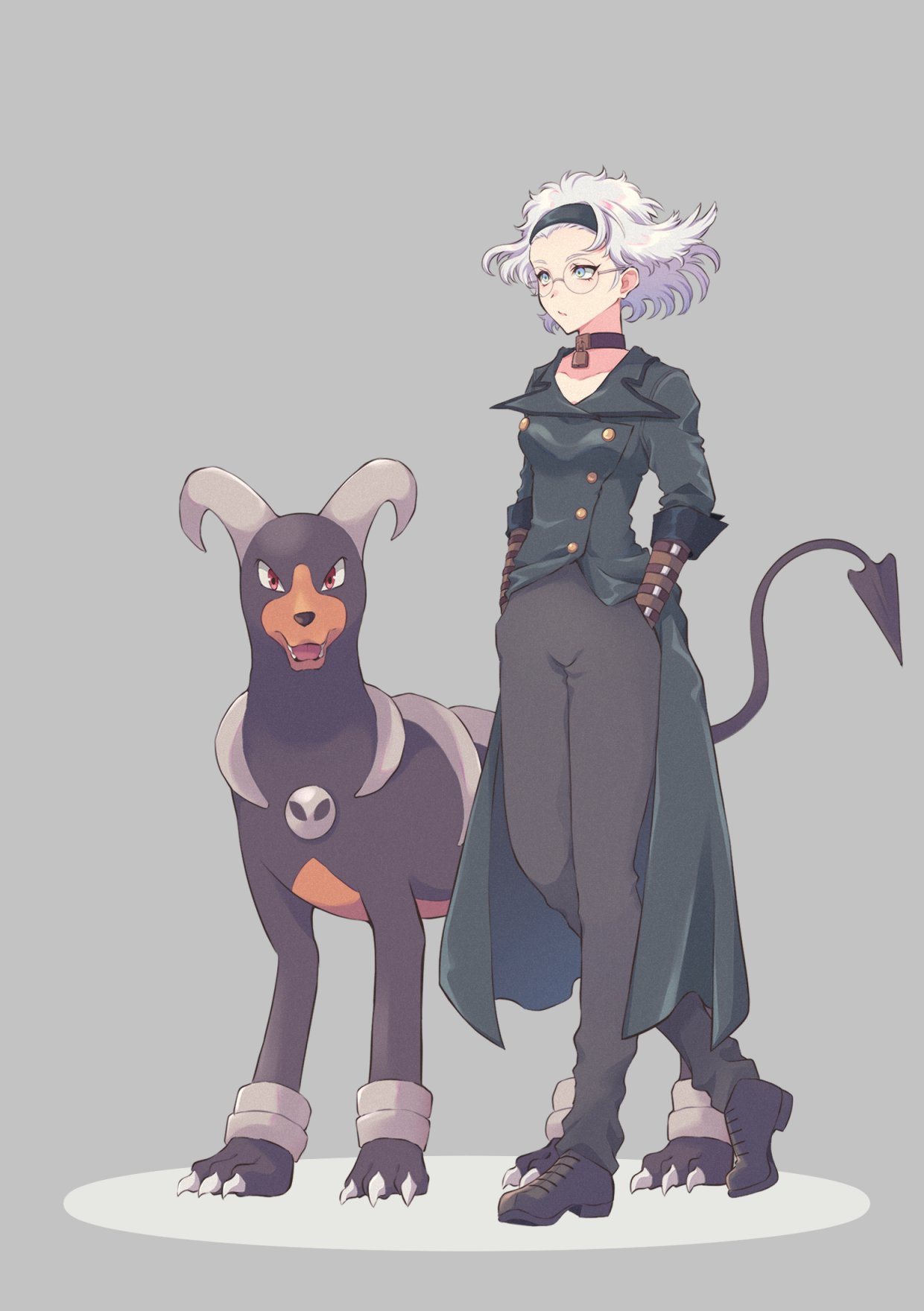 1girl, akita_(akita_1113), black_choker, black_footwear, black_headband, black_jacket, black_pants, boots