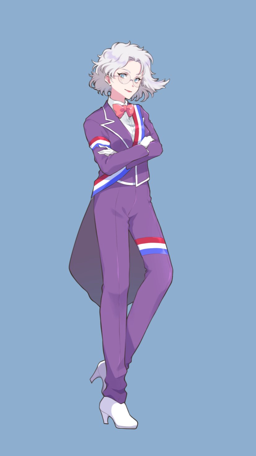 1girl, akita_(akita_1113), blue_background, blue_eyes, bow, collared_shirt, crossed_arms, glasses