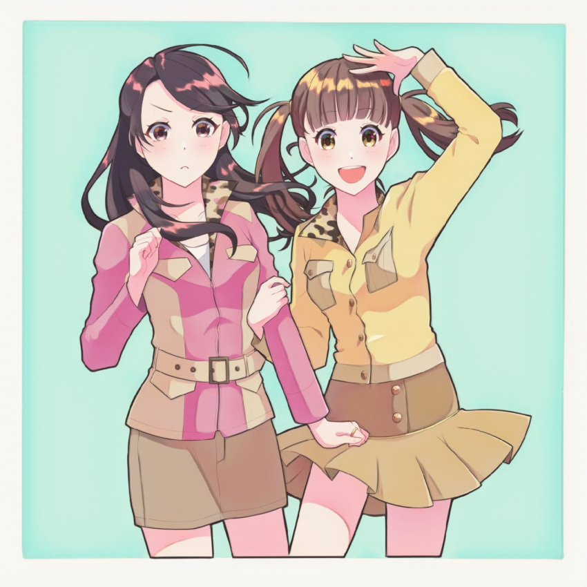 2girls, akita_(akita_1113), bangs, blue_background, blush, brown_eyes, brown_hair, brown_skirt, collarbone, frown, gogo_sentai_boukenger, highres, jacket, looking_at_viewer, mamiya_natsuki, multiple_girls, nishihori_sakura, open_hand, pencil_skirt, pink_jacket, shirt, skirt, smile, super_sentai, tokusatsu, twintails, yellow_shirt