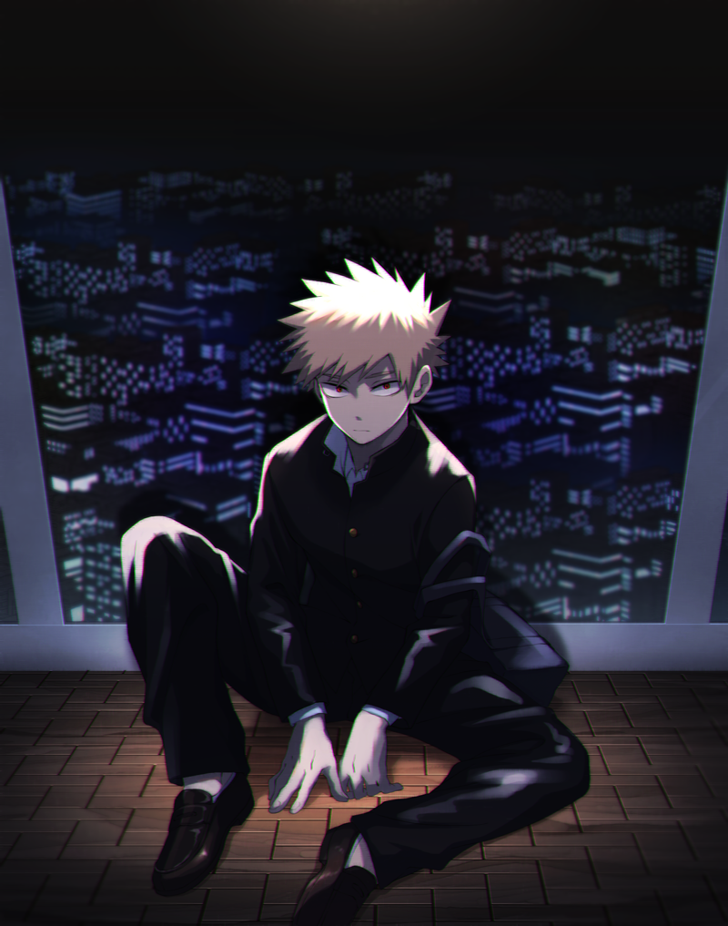 akiyama_(noconoco), bag, bakugou_katsuki, bangs, black_pants, blonde_hair, boku_no_hero_academia, cityscape