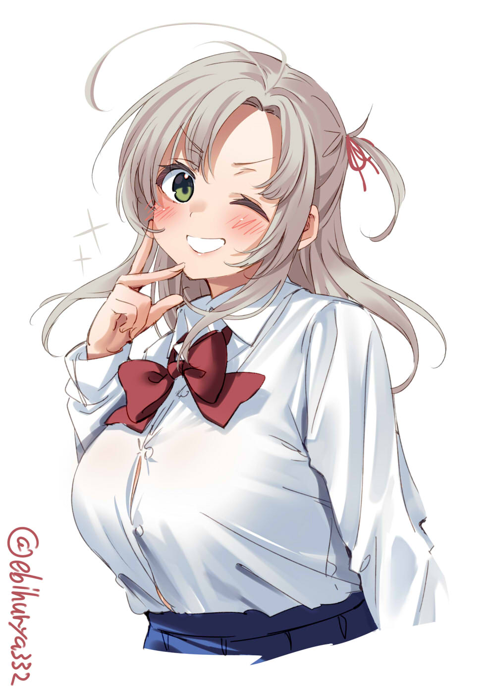 1girl, alternate_costume, antenna_hair, blue_skirt, bow, breasts, collared_shirt, cowboy_shot