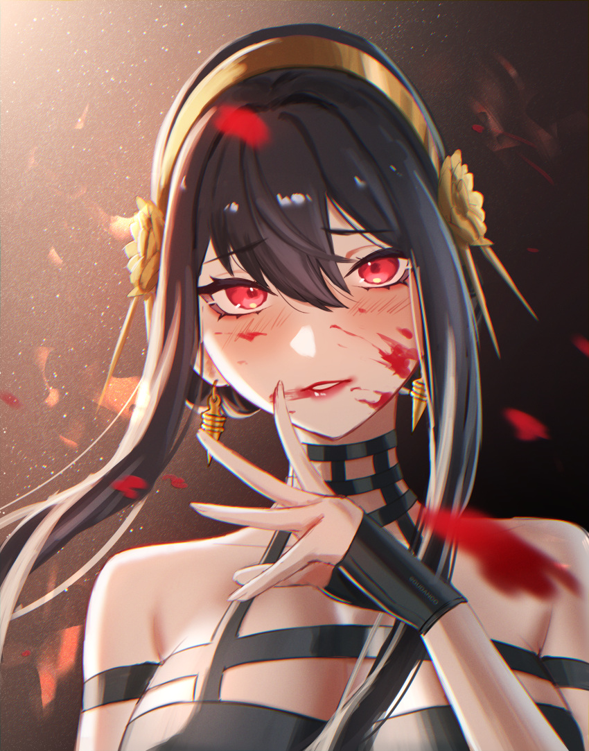 1girl, absurdres, artist_name, bangs, bare_shoulders, black_gloves, blood, blood_on_face