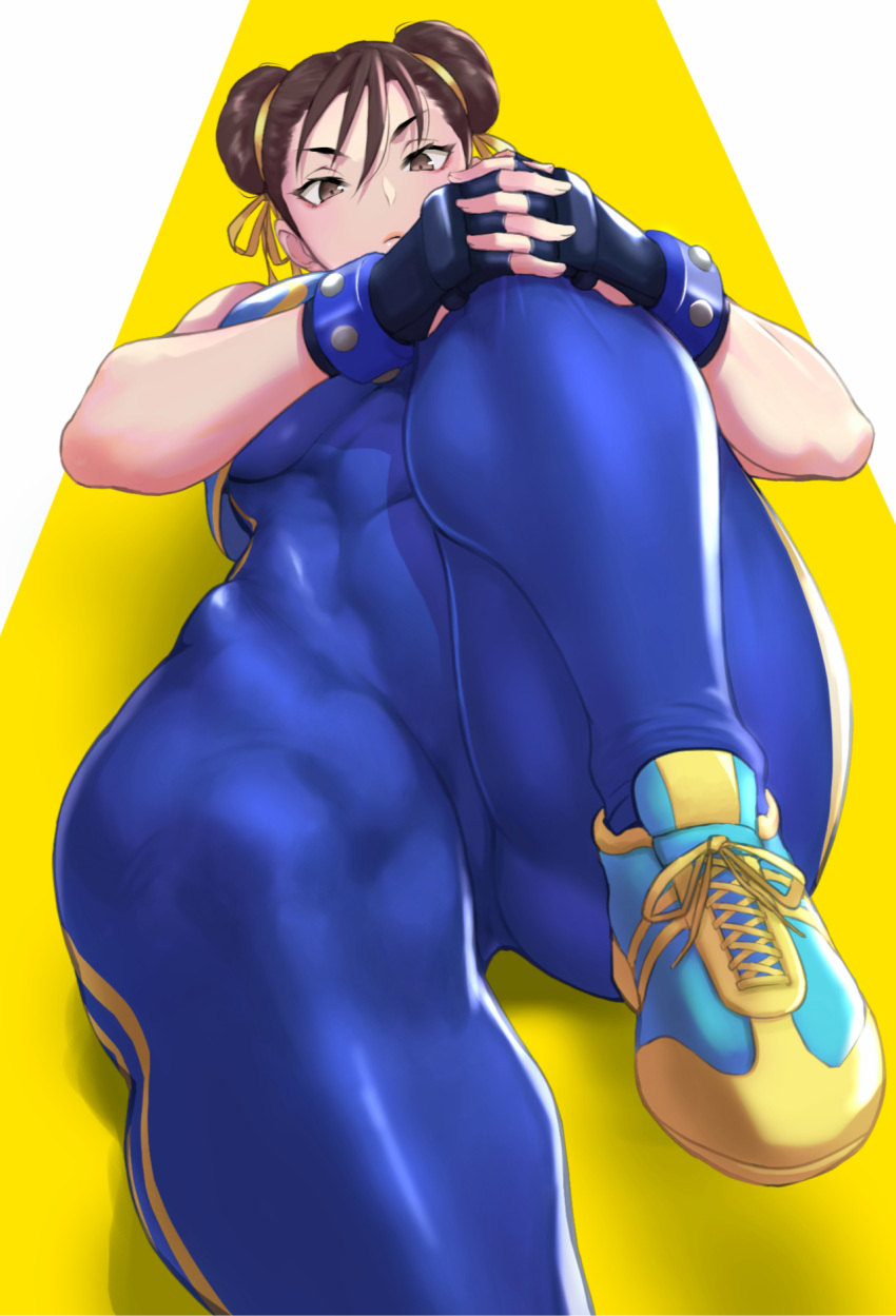 1girl, abs, anagumasan, blue_bodysuit, bodysuit, breasts, brown_eyes, brown_hair