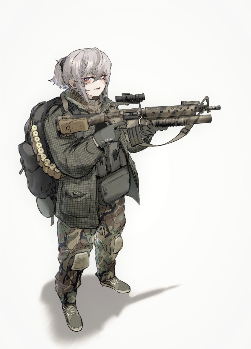 absurdres, alma01, ar-15, assault_rifle, backpack, bag, camouflage, camouflage_pants