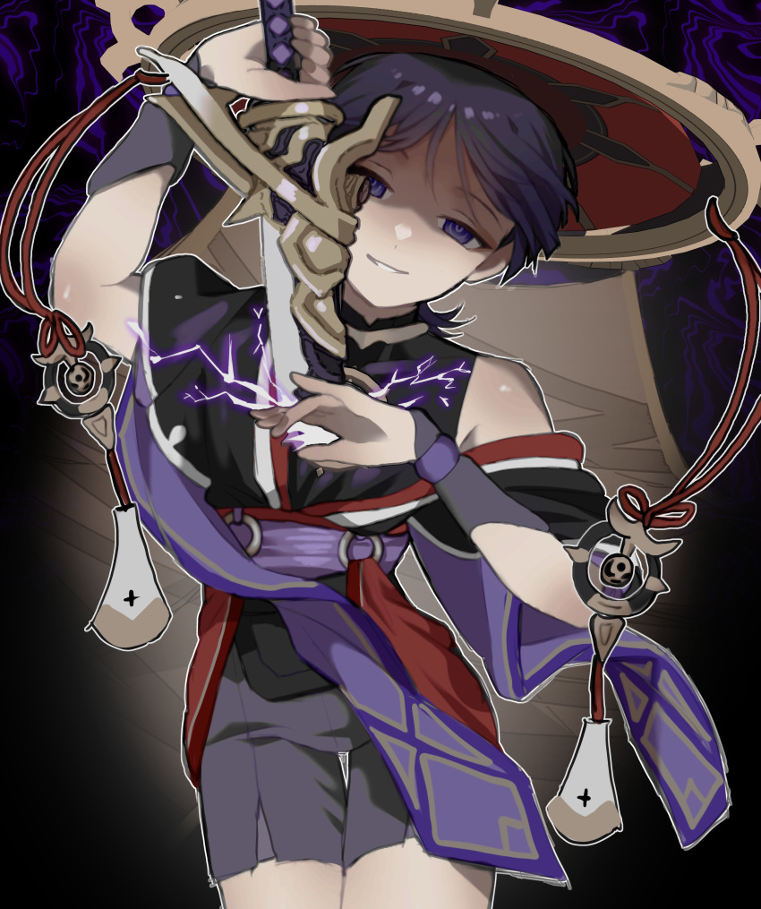 1220_(fowlr), 1boy, absurdres, bangs, bare_shoulders, black_shirt, genshin_impact, grin, half-closed_eyes, highres, holding, holding_sword, holding_weapon, japanese_clothes, jingasa, looking_at_viewer, musou_isshin_(genshin_impact), o-ring, purple_hair, scaramouche_(genshin_impact), shaded_face, shirt, shorts, sleeveless, sleeveless_shirt, smile, solo, sword, tsurime, vambraces, violet_eyes, weapon