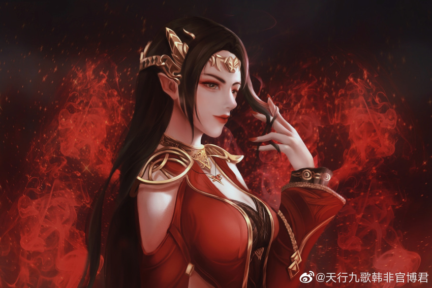 1girl, black_hair, cai_lin_(doupo_cangqiong), doupo_cangqiong, dress, from_side, hair_ornament, hand_in_own_hair