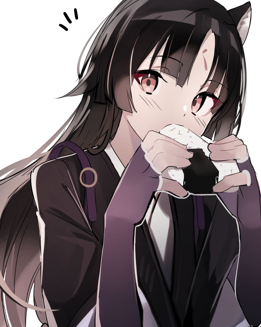 1girl, animal_ear_fluff, animal_ears, arknights, bangs, black_hair, black_kimono, blush