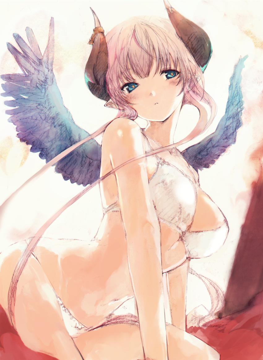 1girl, agulo, aqua_eyes, bangs, bare_arms, bare_legs, bare_shoulders, blue_wings