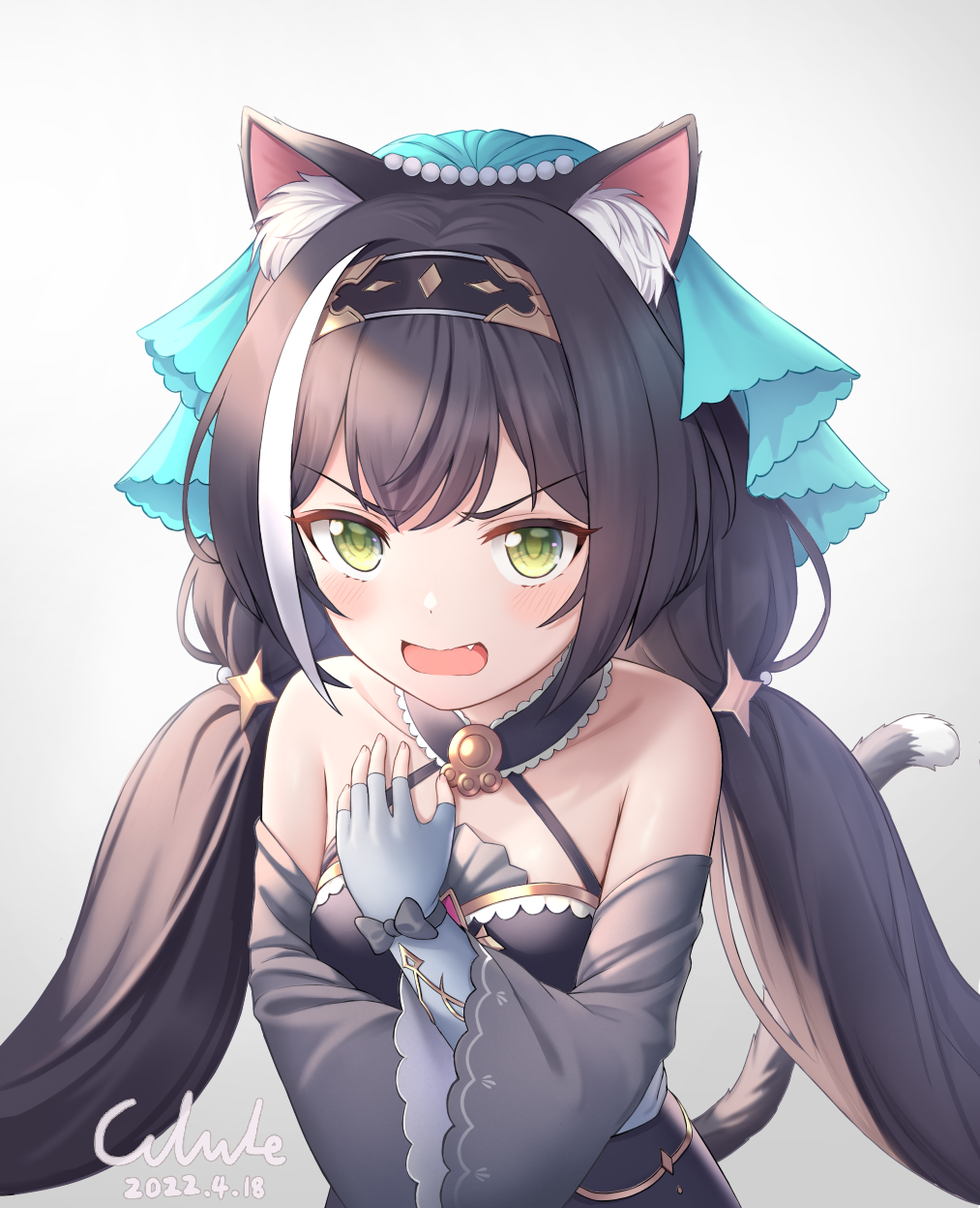 1girl, animal_ear_fluff, animal_ears, bangs, bare_shoulders, black_dress, black_hair, black_hairband