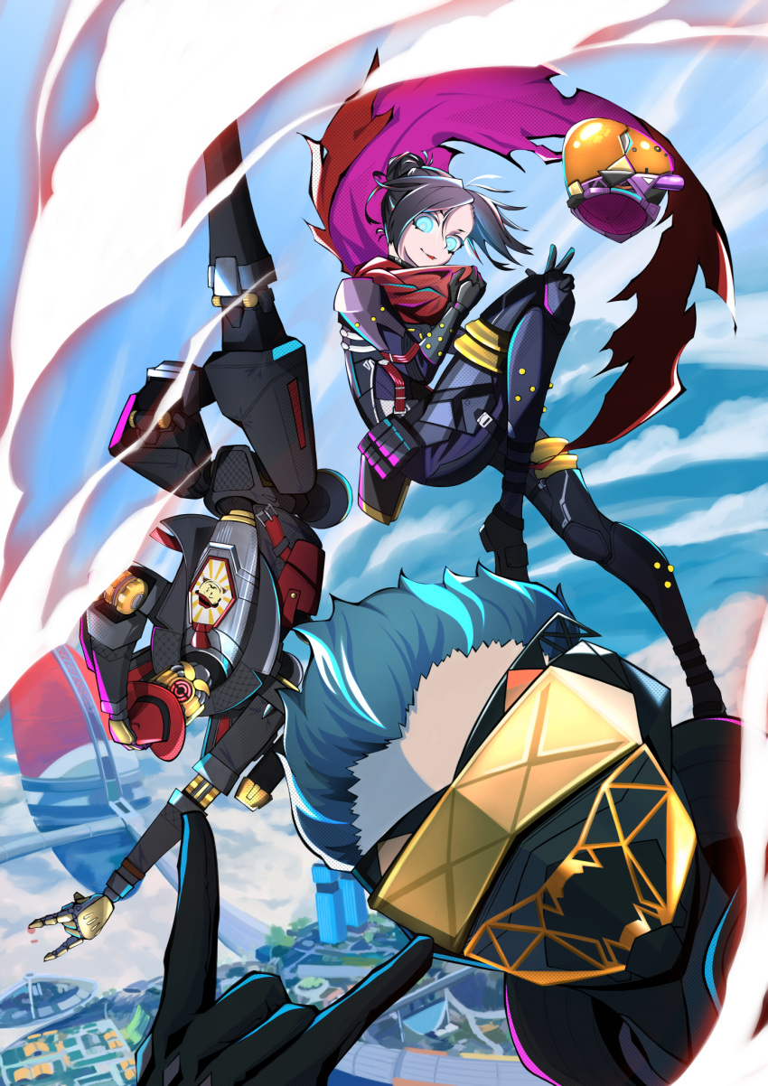2boys, apex_legends, black_bodysuit, black_gloves, black_hair, black_headwear, blue_eyes, bodysuit, building, clouds, eternal_life_wraith, falling, fedora, gloves, goggles, hair_bun, hair_slicked_back, hands_on_headwear, hat, headwear_removed, helmet, helmet_removed, highres, humanoid_robot, looking_at_viewer, mask, mouth_mask, multiple_boys, ocha2_22, octane_(apex_legends), official_alternate_costume, olympus_(apex_legends), one-eyed, orange_eyes, overdrive_octane, pathfinder_(apex_legends), science_fiction, sky, skyscraper, smile, untouchable_pathfinder, v, wraith_(apex_legends)
