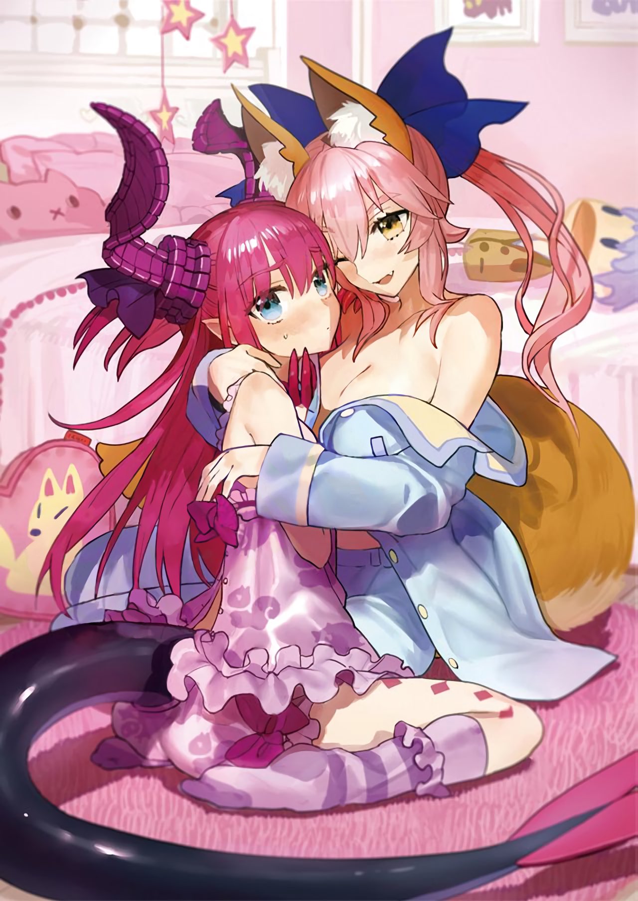 2girls, animal_ears, bed, blue_eyes, blush, breasts, dragon_girl, dragon_tail