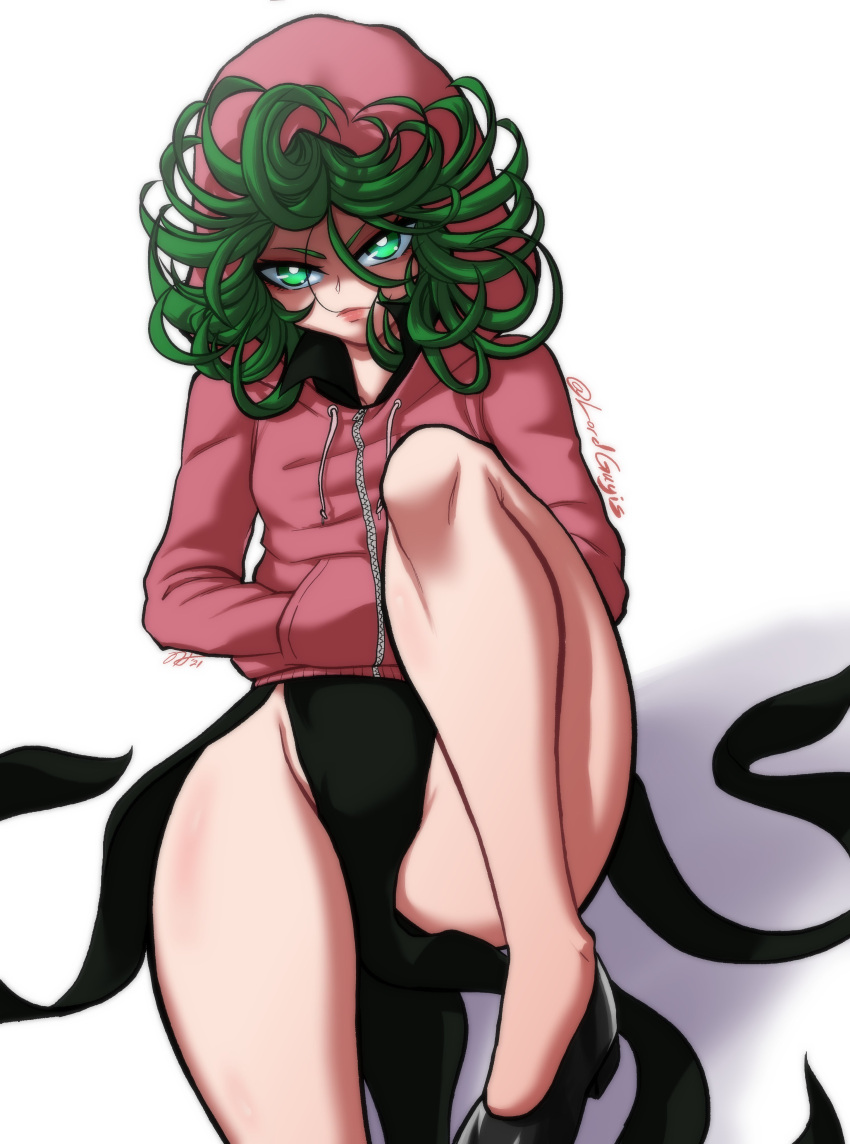 absurdres, bright_pupils, curly_hair, dress, flat_chest, green_eyes, green_hair, hands_in_pockets, highres, hood, hood_up, hooded_jacket, hoodie, jacket, looking_at_viewer, lord_guyis, one-punch_man, pink_jacket, tatsumaki, thighs, white_pupils
