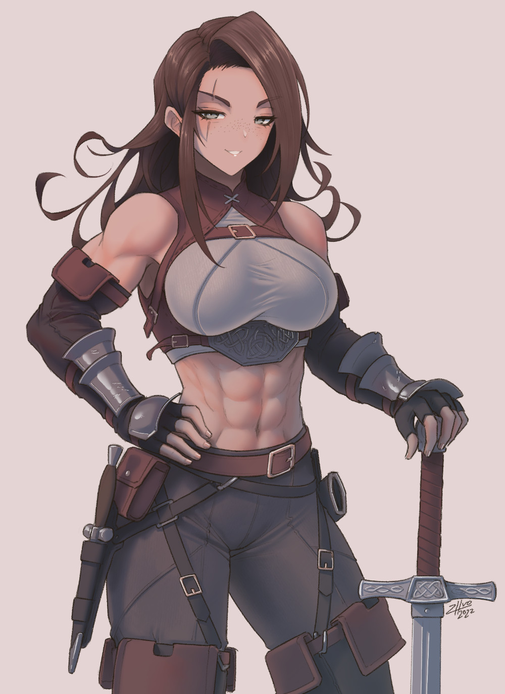 1girl, abs, armor, breasts, brown_hair, commission, dagger, detached_sleeves