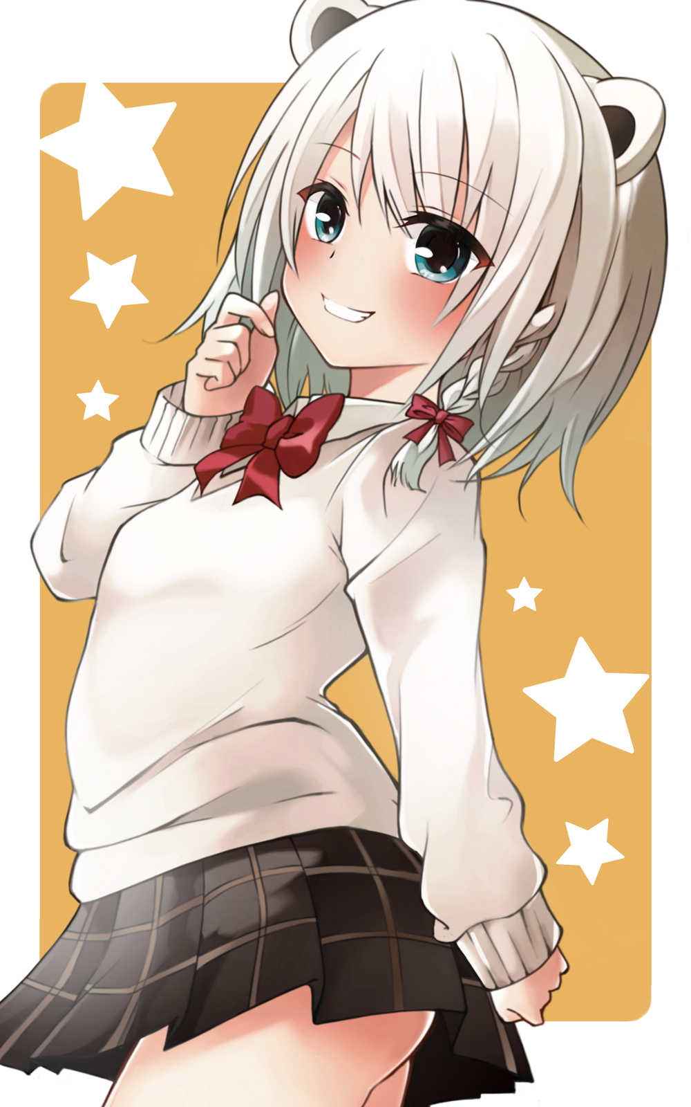 1girl, alternate_costume, animal_ears, arched_back, bear_ears, blue_eyes, bow, bowtie