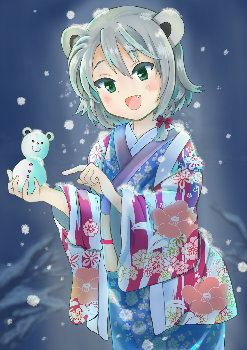 1girl, 8ma1_0101, :d, absurdres, alternate_costume, animal_ears, bear_ears, blue_background