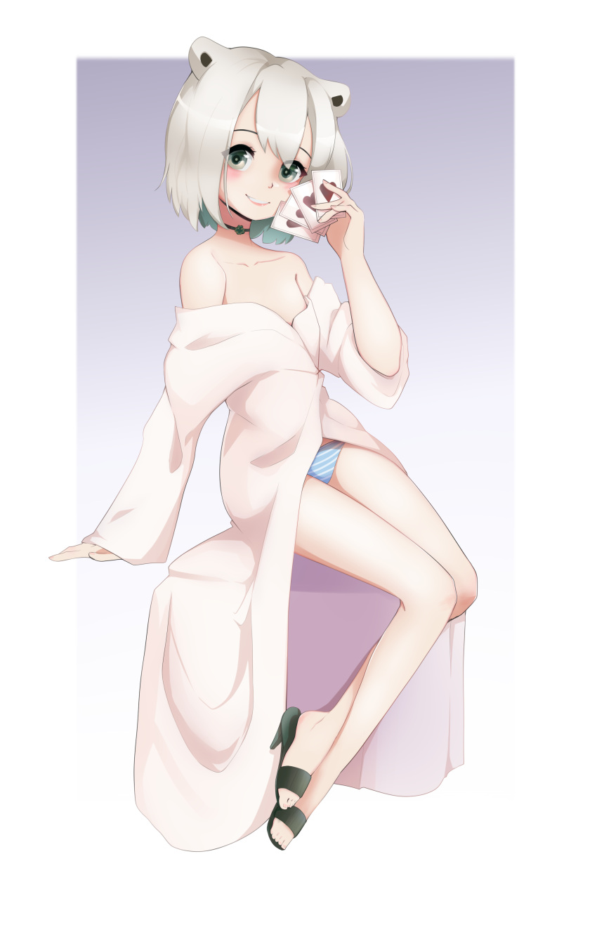1girl, absurdres, animal_ears, arm_support, bear_ears, braid, breasts, card, choker, collarbone, fingernails, full_body, gradient, gradient_background, green_eyes, grin, hair_ribbon, hand_up, high_heels, highres, holding, holding_card, indie_virtual_youtuber, invisible_chair, kumagai_chisato, legs, lips, looking_at_viewer, nail_polish, off_shoulder, panties, pink_nails, playing_card, pr_ponnyan, red_ribbon, ribbon, robe, short_hair, single_braid, sitting, small_breasts, smile, solo, striped, striped_panties, underwear, white_hair