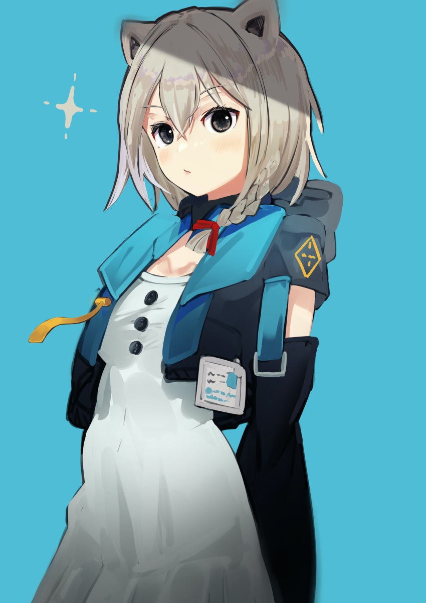 1girl, absurdres, animal_ears, arms_behind_back, bear_ears, blue_background, braid, closed_mouth, cropped_jacket, detached_sleeves, dress, grey_eyes, grey_hair, hair_ribbon, highres, id_card, indie_virtual_youtuber, jacket, kumagai_chisato, looking_at_viewer, open_clothes, open_jacket, red_ribbon, ribbon, short_hair, simple_background, single_braid, solo, sparkle, torikaze_ito, white_dress