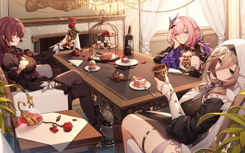 3girls, alcohol, aponia_(honkai_impact), bad_link, bangs, black_footwear, blue_eyes, boots